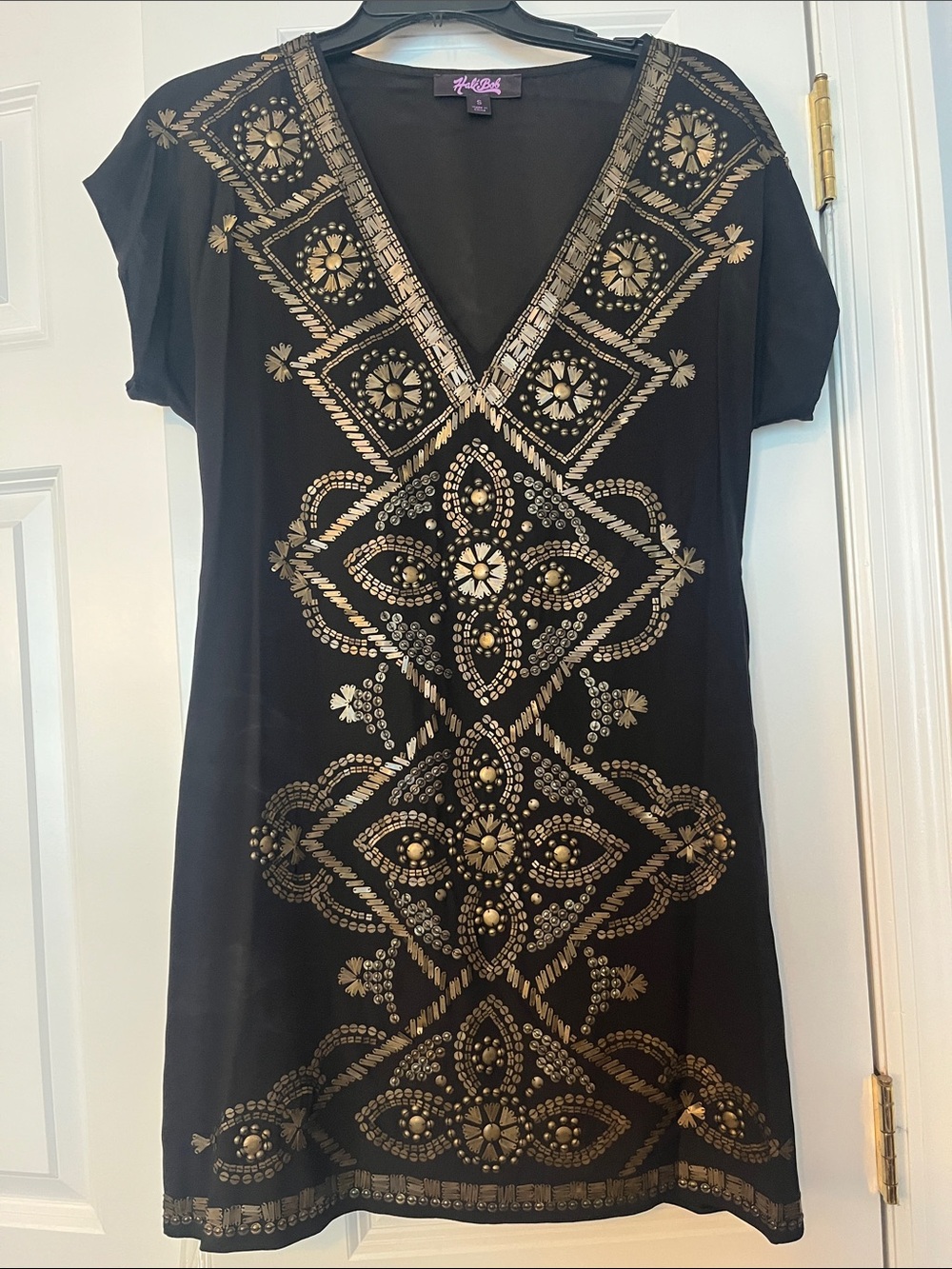 Hot Kiss Black dress with Gold Embellished V-Neck, size Small